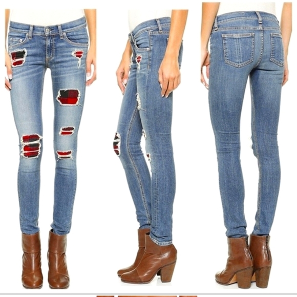 Rag & Bone The Skinny Sloane Plaid Repair Distressed Jeans Red Black Low Rise 24 - Picture 1 of 16